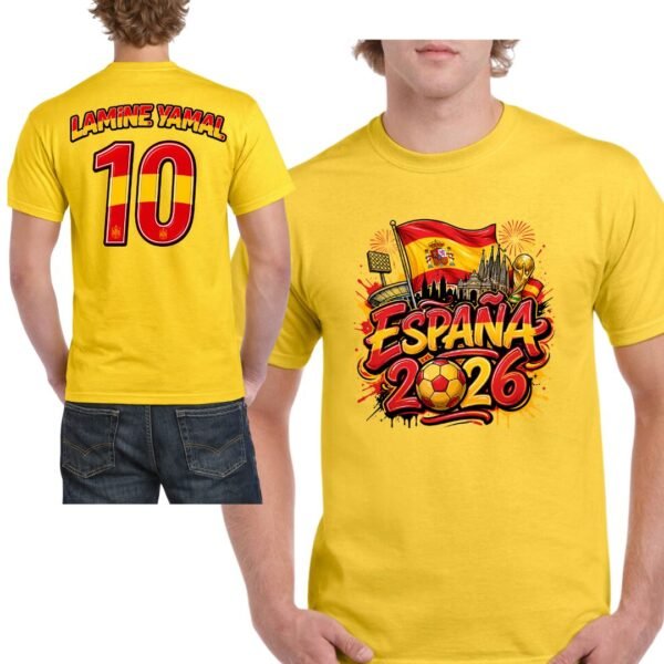 Camiseta España 2026 personalizada amarilla con nombre y número estilo fútbol