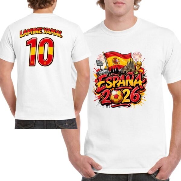 Camiseta España 2026 blanca personalizada con diseño Mundial 2026