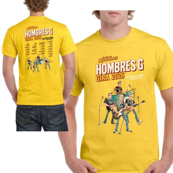 Camiseta Hombres G Gira 2026 color amarillo con diseño frontal y trasero estilo retro musical