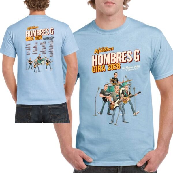 Camiseta Hombres G Gira 2026 azul celeste para concierto y festival de música