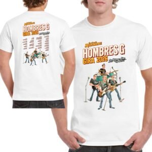 Camiseta Hombres G Gira 2026 blanca unisex con estampado vintage frontal y trasero