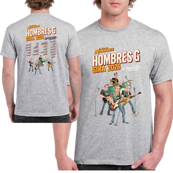Camiseta Hombres G Gira 2026 blanca unisex con estampado vintage frontal y trasero