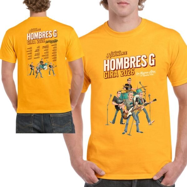 Camiseta Hombres G naranja edición gira 2026 con diseño exclusivo fan art