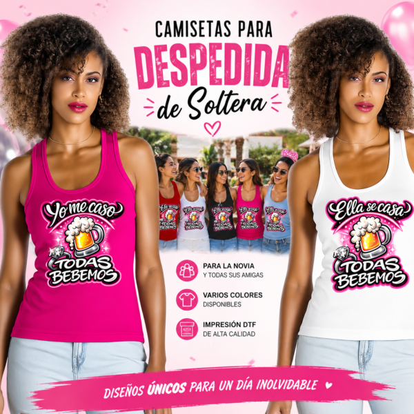 Camisetas para despedida de soltera personalizadas para novia y amigas. Diseños "Yo me caso" y "Ella se casa, todas bebemos", disponibles en varios colores con impresión DTF.