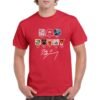 Camiseta unisex roja Bad Bunny con diseño de la discografía completa y todos los álbumes del artista. Impresión DTF premium sobre camiseta de alta calidad.