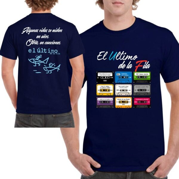 Camiseta El Último de la Fila con discografía completa en casetes retro para unisex, color azul marino.