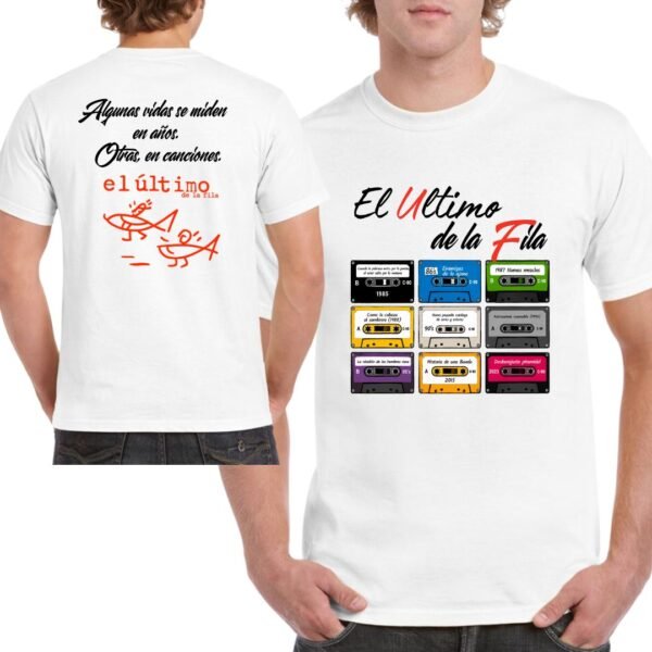 Camiseta El Último de la Fila con discografía completa en casetes retro para unisex, color blanco.