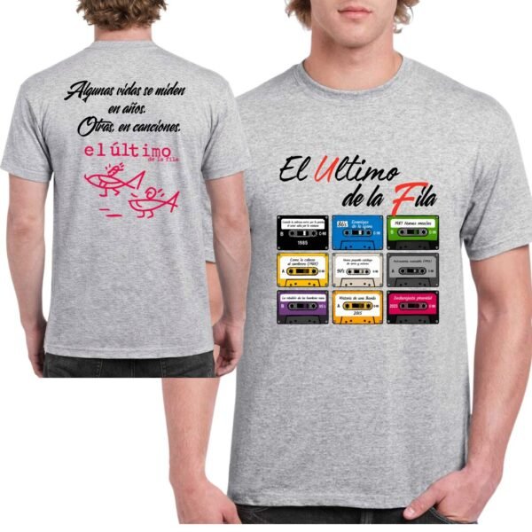 Camiseta El Último de la Fila con discografía completa en casetes retro para unisex, color gris.