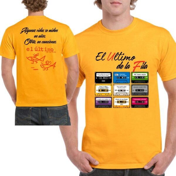 Camiseta El Último de la Fila con discografía completa en casetes retro para unisex, color naranja.