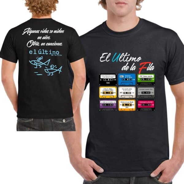 Camiseta El Último de la Fila con discografía completa en casetes retro para unisex, color negro.