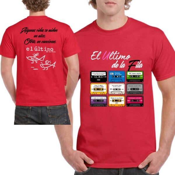 Camiseta El Último de la Fila con discografía completa en casetes retro para unisex, color roja.