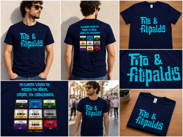 Collage de camiseta azul marino de Fito & Fitipaldis con estampado delantero, diseño de discografía en la espalda y modelo masculino.