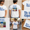 Collage de camiseta blanca de Fito & Fitipaldis con estampado azul, diseño de casetes en la espalda y diferentes vistas del producto.