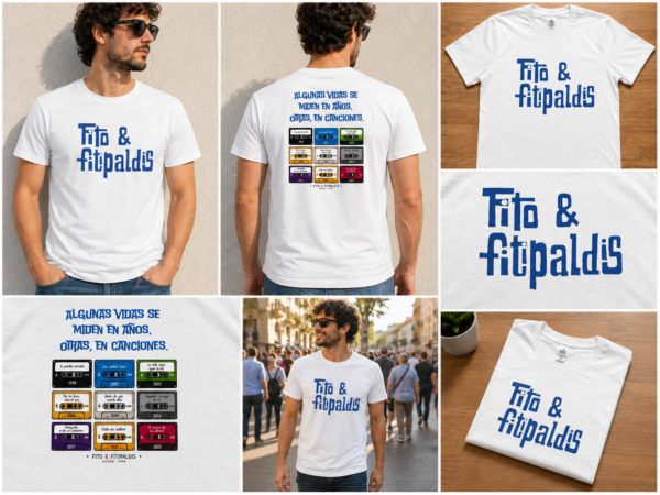 Collage de camiseta blanca de Fito & Fitipaldis con estampado azul, diseño de casetes en la espalda y diferentes vistas del producto.