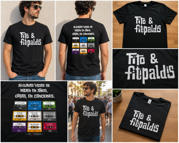 Collage de camiseta negra de Fito & Fitipaldis con estampado blanco, diseño de discografía trasera y fotografías de detalle.