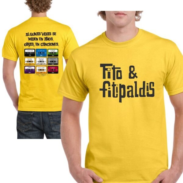 Camiseta amarilla de Fito & Fitipaldis con diseño de discografía en la espald