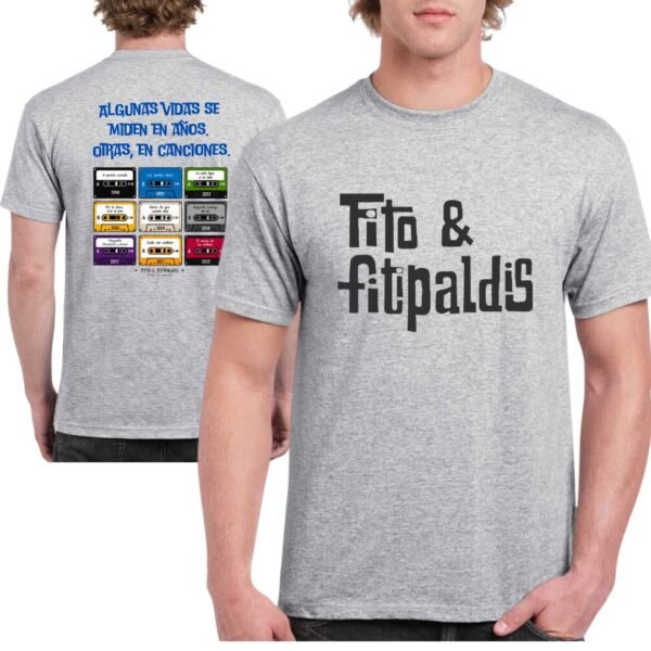 Camiseta gris de Fito & Fitipaldis con diseño musical delantero y trasero