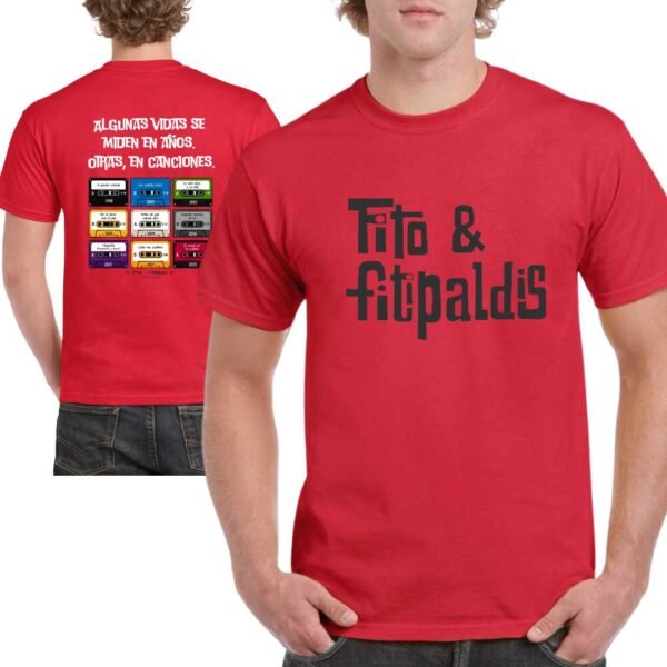 Camiseta roja de Fito & Fitipaldis con estampado negro y discografía en la espalda