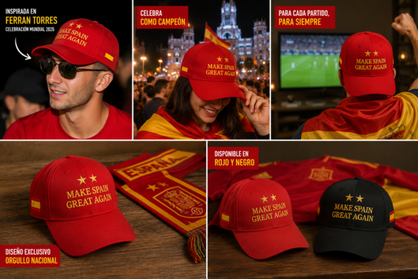 Gorra Make Spain Great Again inspirada en Ferran Torres durante la celebración de la Selección Española Campeona del Mundo 2026, con imágenes de uso y detalles del diseño.