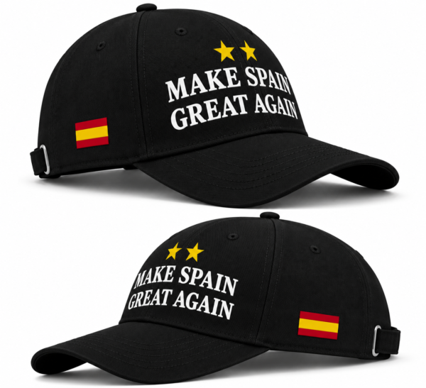 Vista lateral de gorra negra Make Spain Great Again con bandera de España lateral y diseño inspirado en Ferran Torres