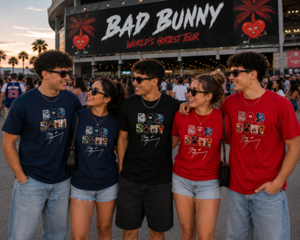 Grupo de amigos con camisetas unisex inspiradas en la discografía de Bad Bunny antes de un concierto. Diseño exclusivo disponible en MAITE CRAFTS.