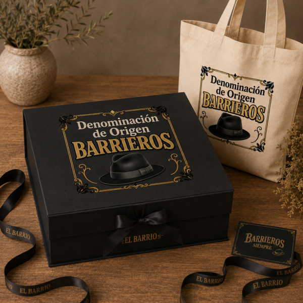 Caja regalo El Barrio deluxe cerrada con diseño Denominación de Origen Barrieros y tote bag a juego