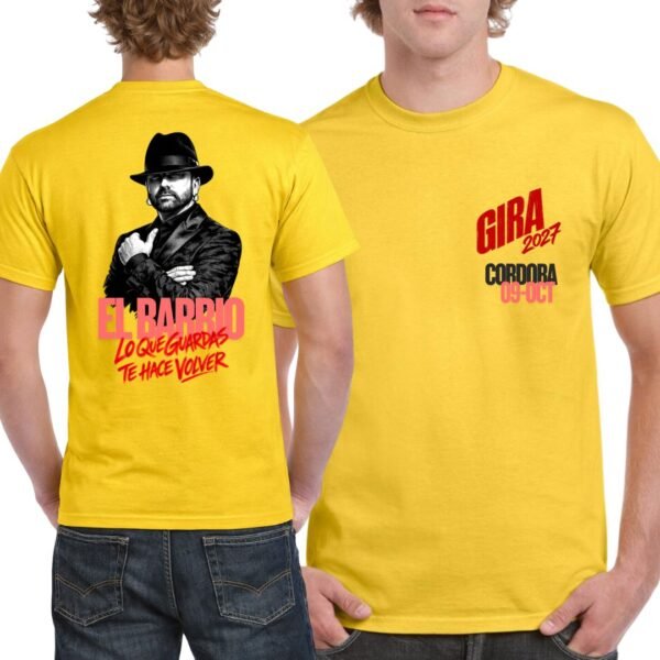 Camiseta amarilla El Barrio Gira 2027 personalizada con ciudad y fecha del concierto