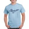 Camiseta unisex azul celeste con firma de Rosendo en color negro