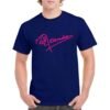 Camiseta unisex azul marino con firma de Rosendo en color fucsia