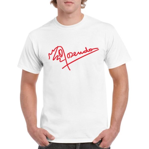 Camiseta unisex blanca con firma de Rosendo en color rojo