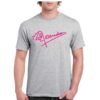 Camiseta unisex gris con firma de Rosendo en color fucsia