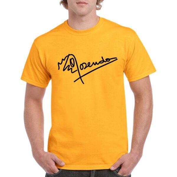 Camiseta unisex naranja con firma de Rosendo en color negro