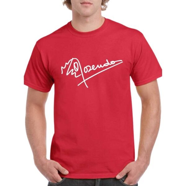 Camiseta unisex roja con firma de Rosendo en color blanco