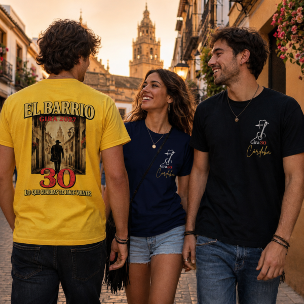Amigos con camisetas de El Barrio Gira 30 Córdoba 2027 paseando por Córdoba al atardecer