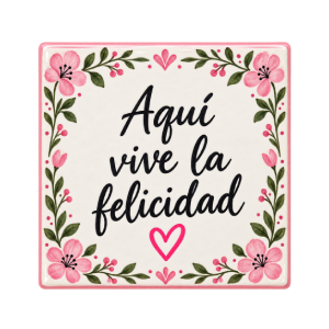 Azulejo personalizado decorado con flores y mensaje Aquí vive la felicidad