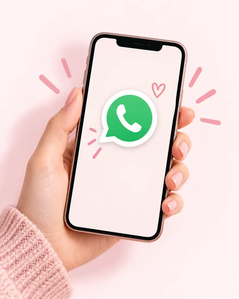 Mano sujetando un móvil con WhatsApp para contactar con Maite Crafts