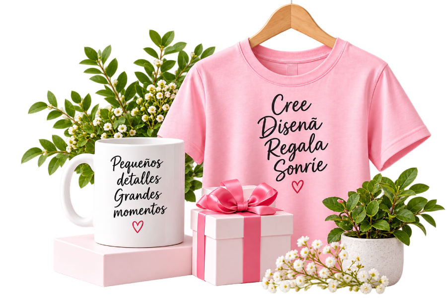 Camiseta, taza y caja regalo personalizadas en tonos rosa de Maite Crafts