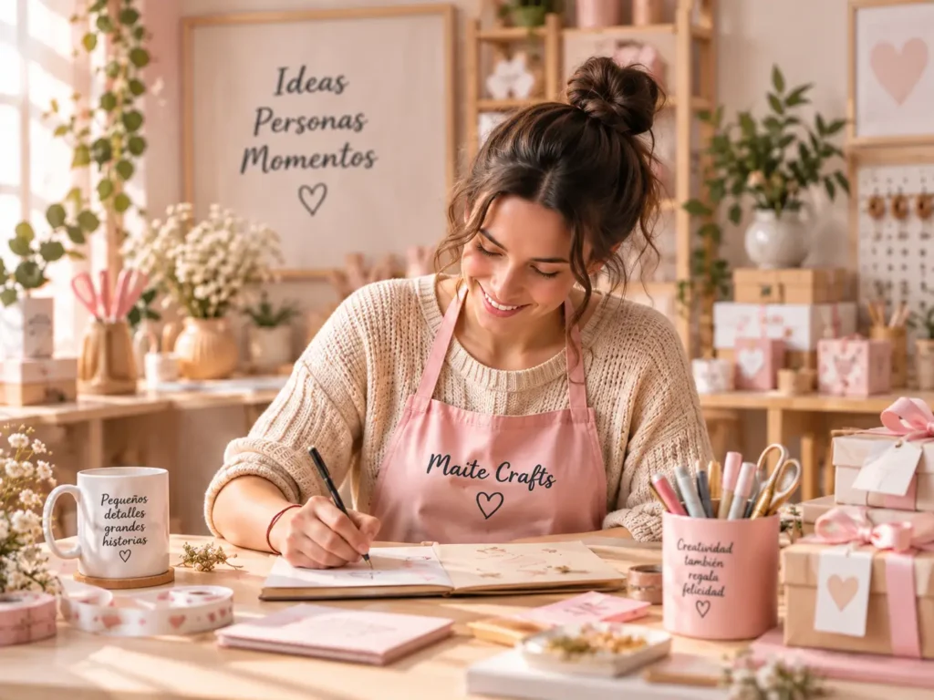 Mujer trabajando en el taller creativo de Maite Crafts preparando regalos personalizados
