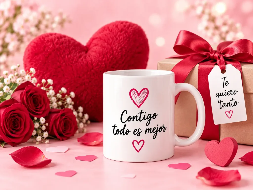 Regalos personalizados para parejas con corazones, taza y caja de regalo