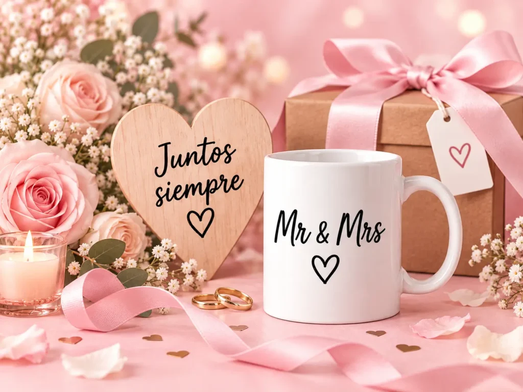 Regalos personalizados para bodas y celebraciones con taza, flores y detalles románticos