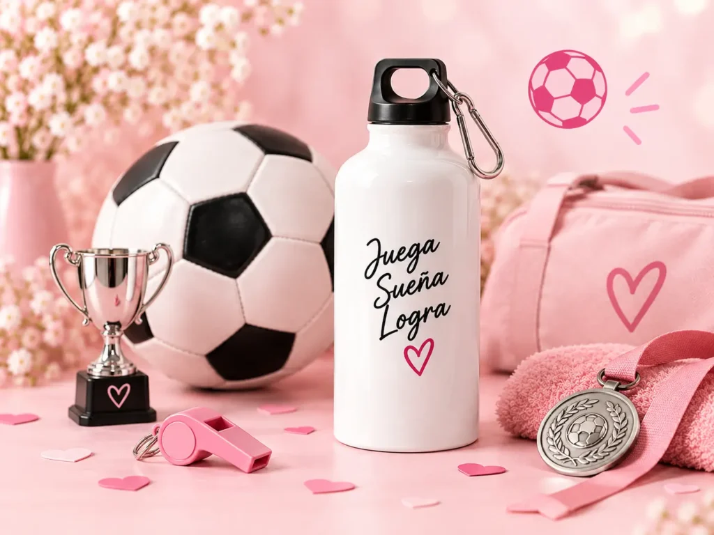 Regalos personalizados de fútbol y deportes con balón, botella deportiva, trofeo y medalla
