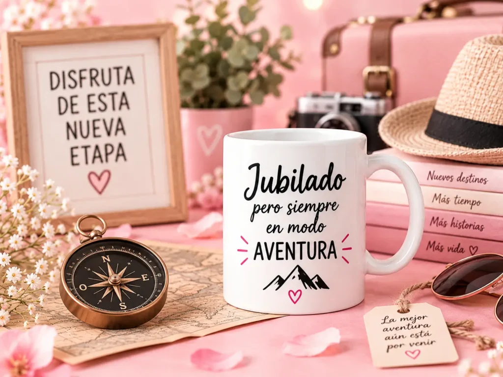 Regalos personalizados para jubilación con taza, viaje, brújula y recuerdos