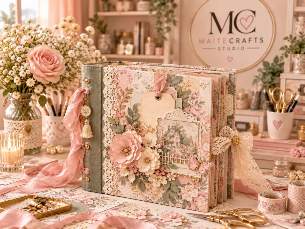 Álbum de scrapbooking personalizado con flores, encajes y lazos rosas, fotografiado en un taller creativo con el logo de Maite Crafts Studio al fondo.