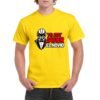 Camiseta amarilla para despedida de soltero con diseño de casco futurista y texto «Yo soy Javier el novio»