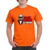 Camiseta naranja para despedida de soltero con diseño de casco futurista y texto «Yo soy Javier el novio»