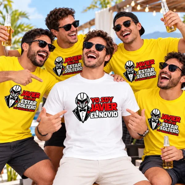 Grupo de amigos con camisetas personalizadas para despedida de soltero, con diseño de novio y tropas del novio