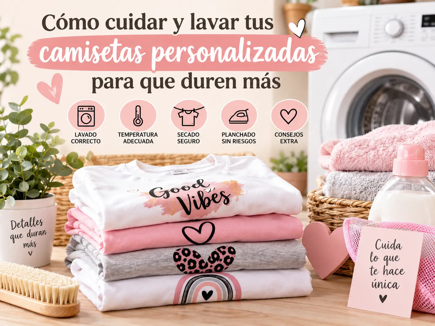 Guía para cuidar y lavar camisetas personalizadas con consejos sobre lavado, temperatura, secado y planchado para conservar los estampados.