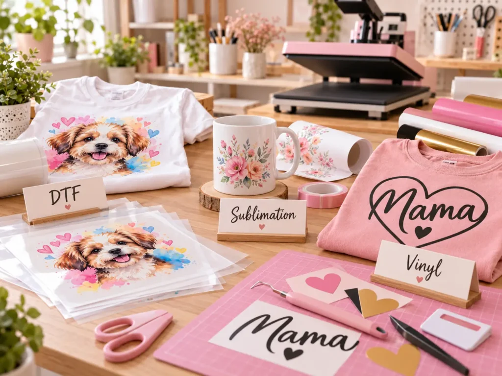 Comparativa visual de las técnicas DTF, sublimación y vinilo con ejemplos sobre camiseta, taza y prenda personalizada.