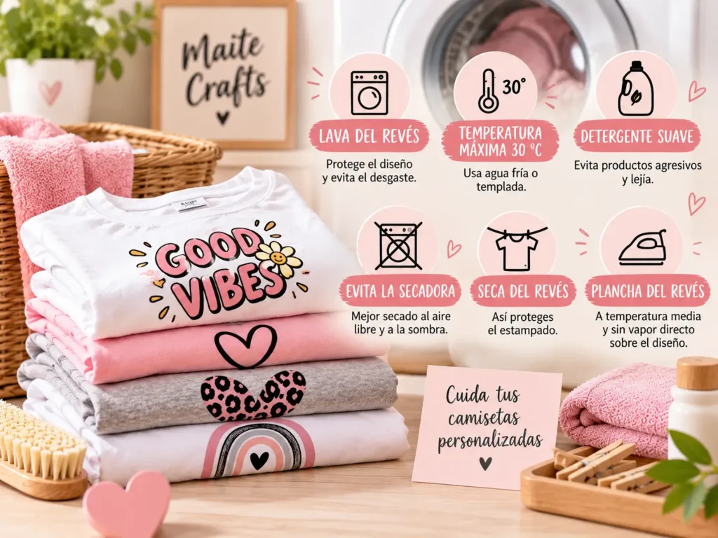 Infografía con seis consejos para lavar camisetas personalizadas: lavado del revés, temperatura de 30 °C, detergente suave, secado al aire y planchado seguro.