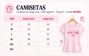 Guía de tallas de camiseta de manga corta para mujer 100% algodón de 150 g/m²